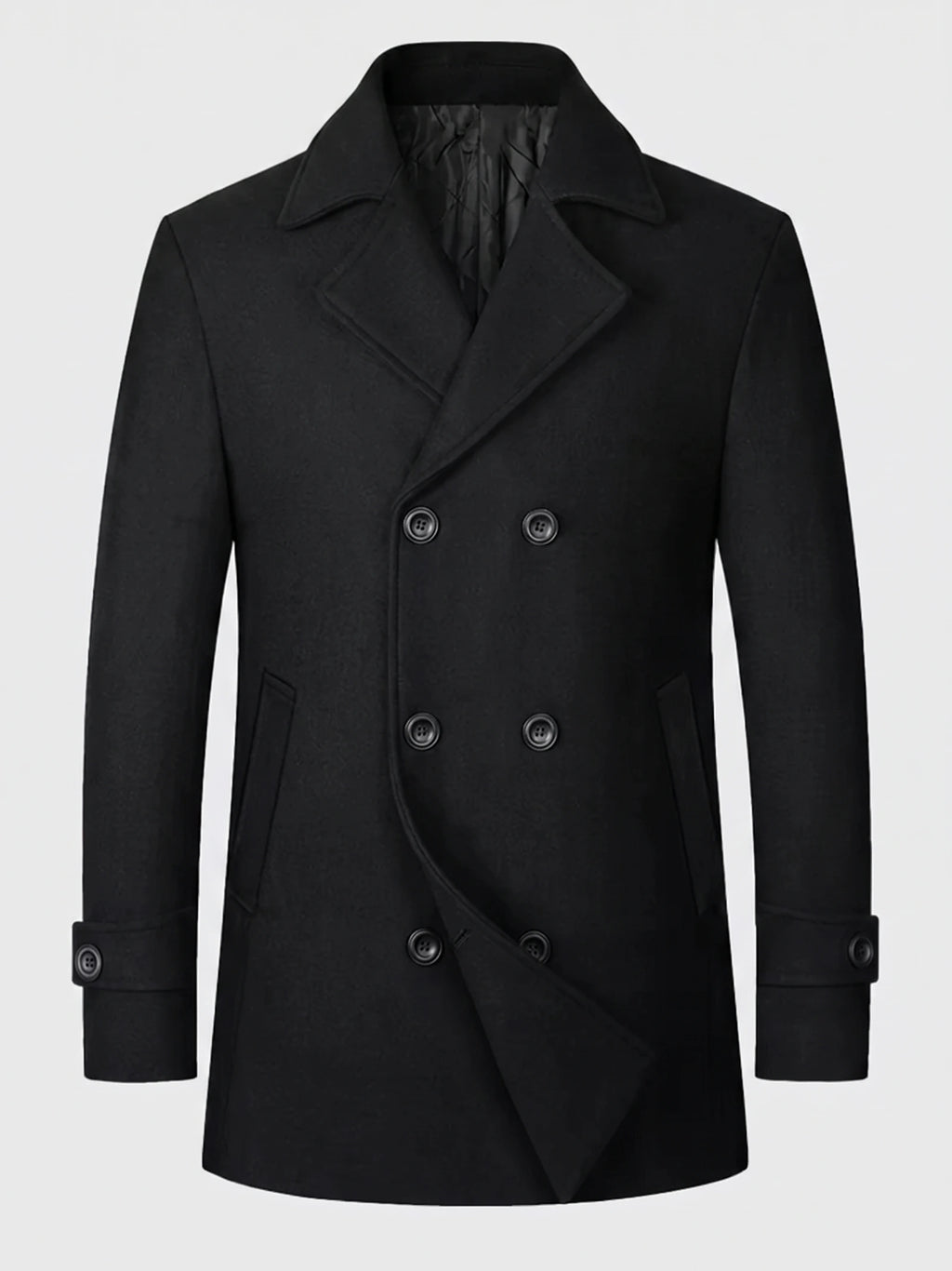 Black wool Peacoat laid flat, showing its wide lapels, double-breasted button front, welt pockets, and button-tab cuffs.