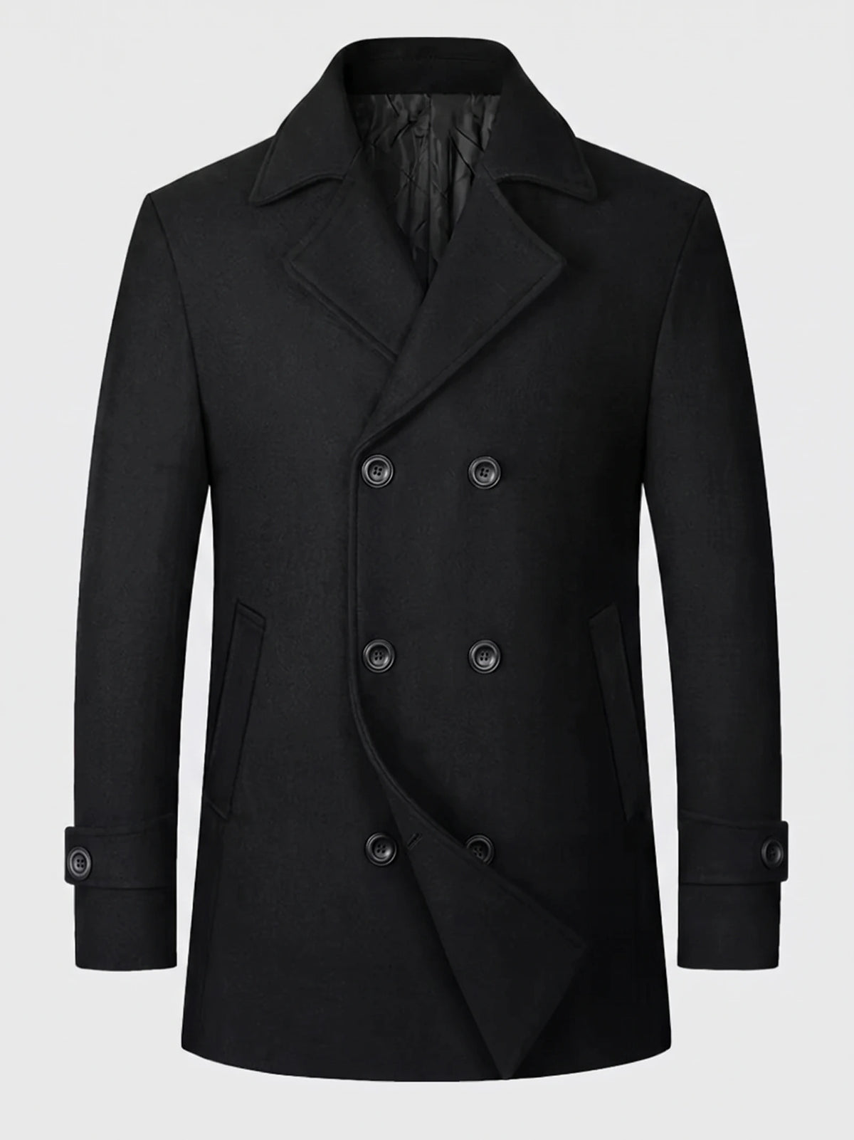 Black wool Peacoat laid flat, showing its wide lapels, double-breasted button front, welt pockets, and button-tab cuffs.