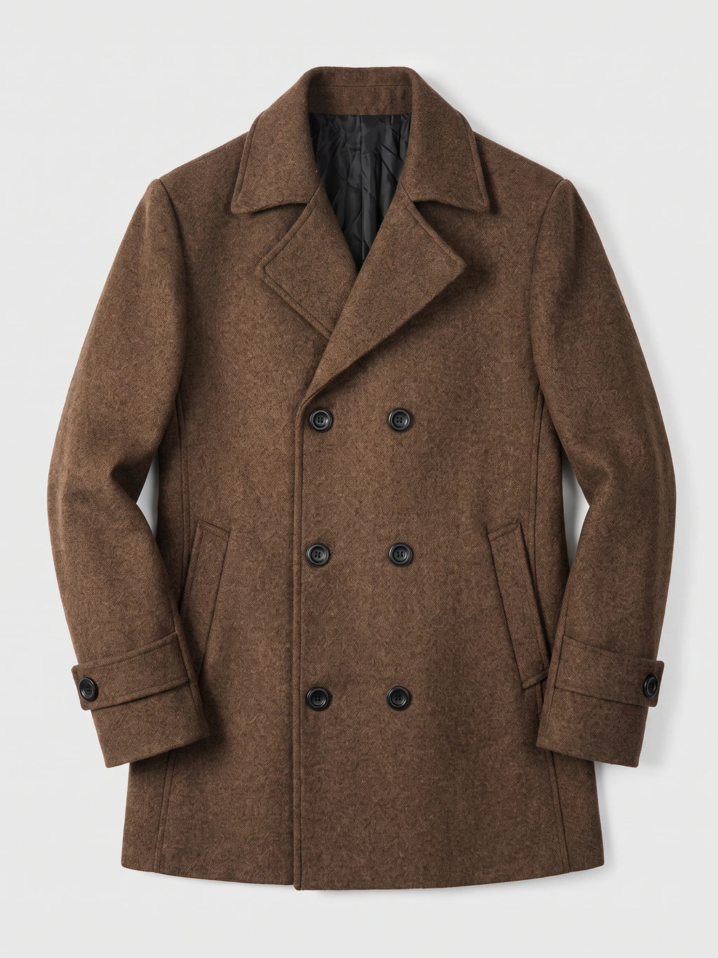 Brown wool Peacoat laid flat, showing a double-breasted front, wide lapels, flap pockets, and button-tab cuffs.