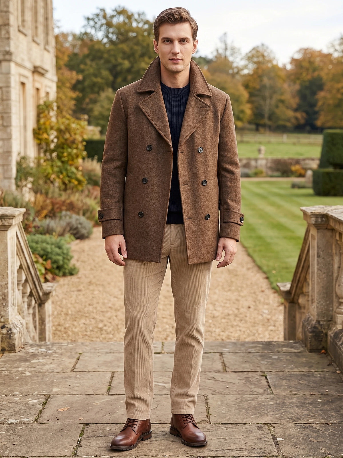 Model wearing a Brown double-breasted wool Peacoat on stone steps beside a landscaped garden.