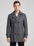 Front studio view of a model wearing a Gray wool double-breasted Peacoat with wide lapels and cuff tabs.