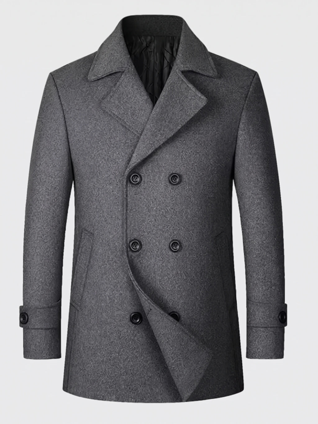 Gray wool Peacoat laid flat, featuring a double-breasted front, wide lapels, and button-tab cuffs.