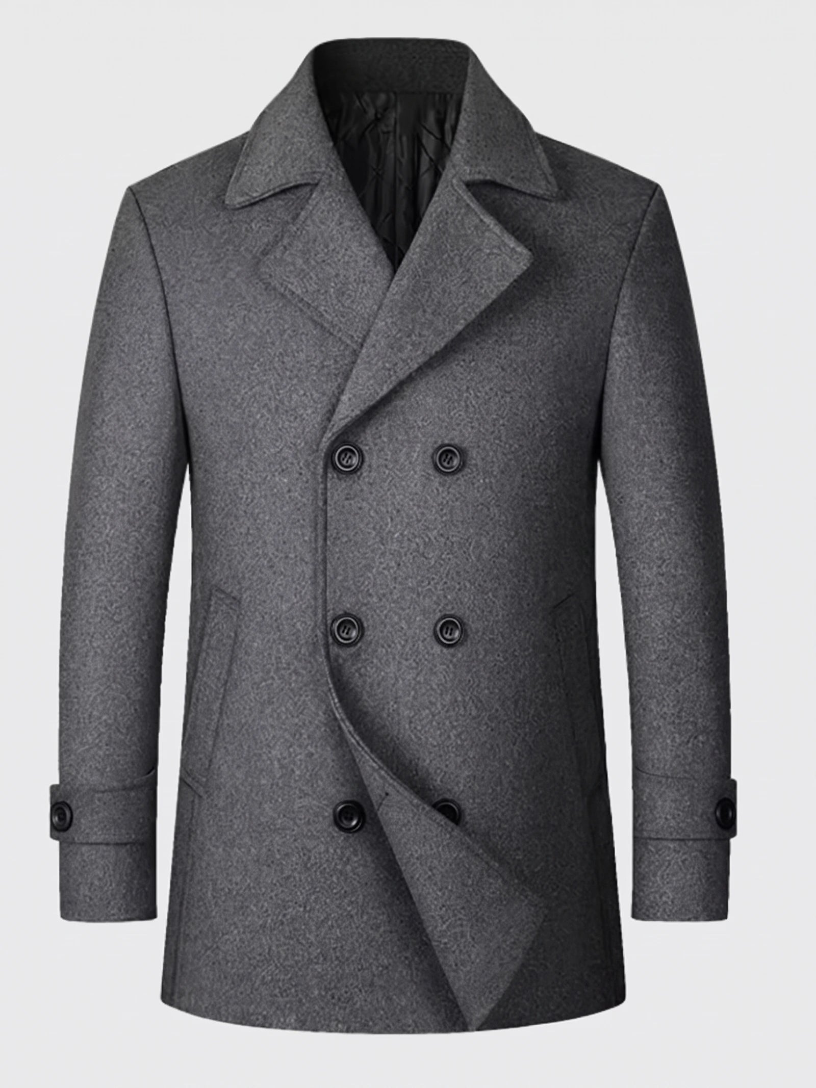 Gray wool Peacoat laid flat, featuring a double-breasted front, wide lapels, and button-tab cuffs.