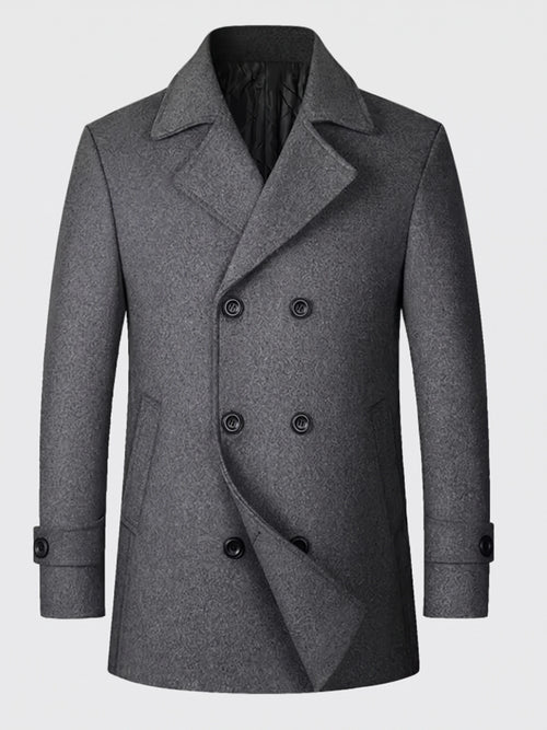 Gray wool Peacoat laid flat, featuring a double-breasted front, wide lapels, and button-tab cuffs.
