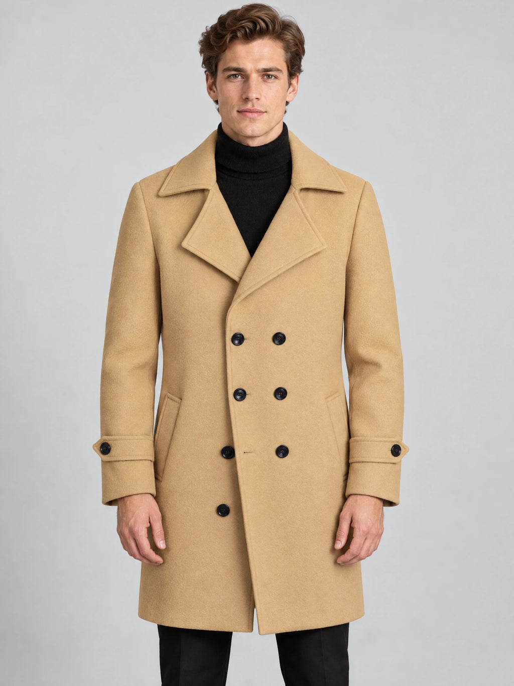 Front studio view of a model wearing a Khaki double-breasted woolen coat with wide lapels and cuff tabs.