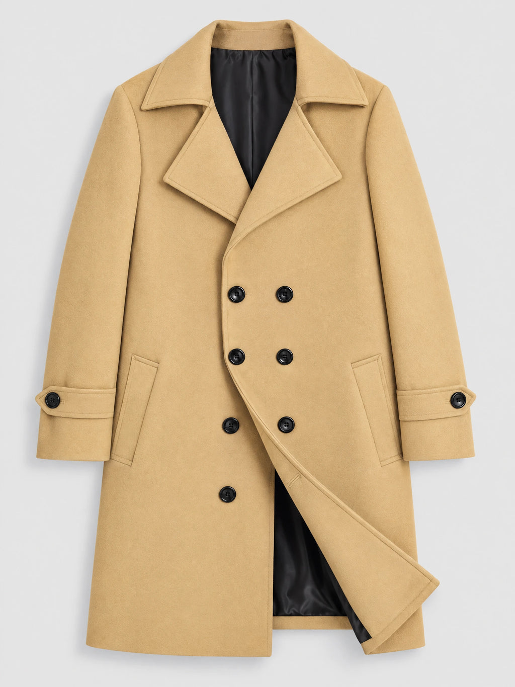 Khaki double-breasted woolen coat laid flat, featuring wide lapels, buttoned cuffs, flap pockets, and a visible lining.