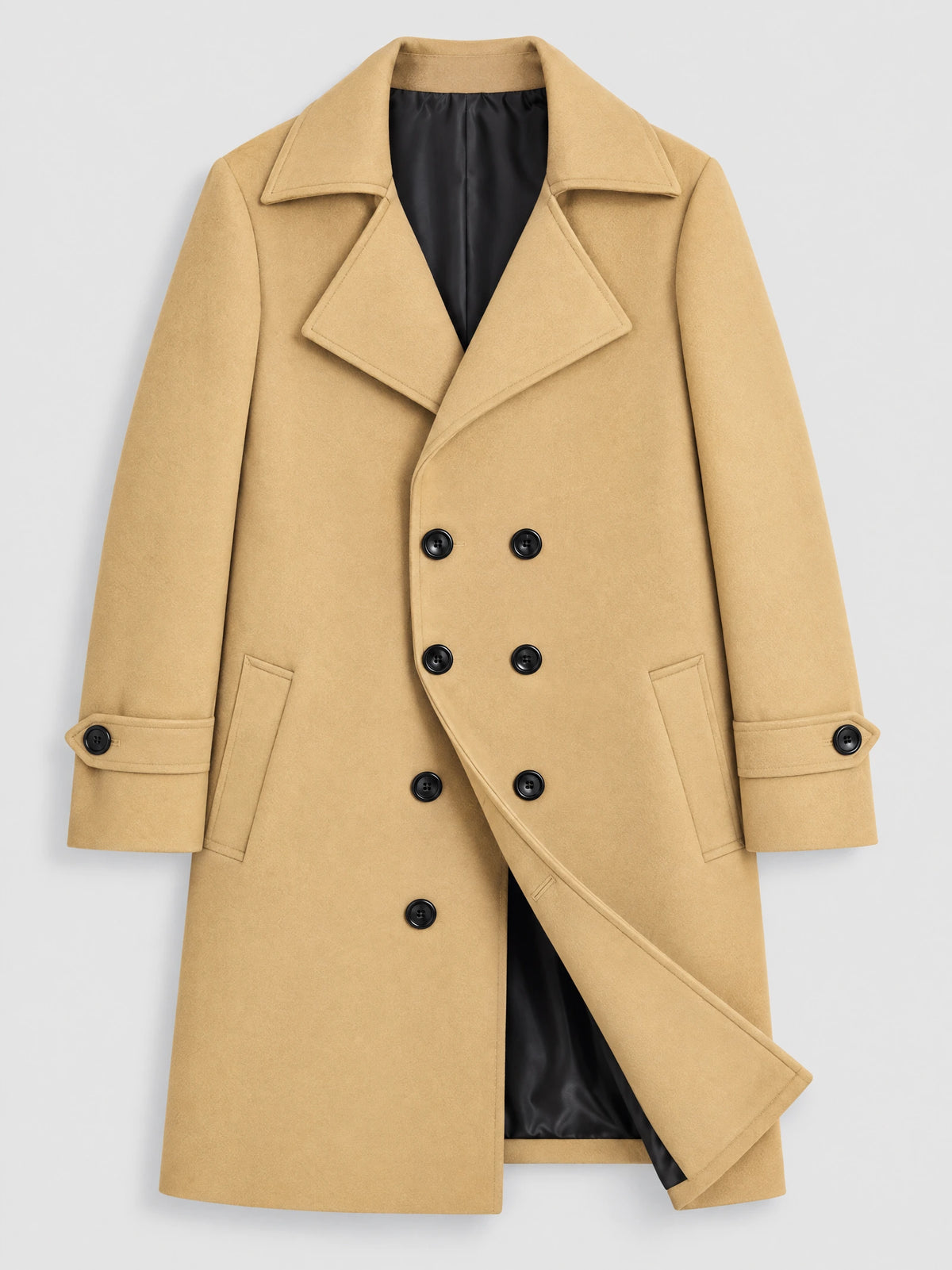 Khaki double-breasted woolen coat laid flat, featuring wide lapels, buttoned cuffs, flap pockets, and a visible lining.