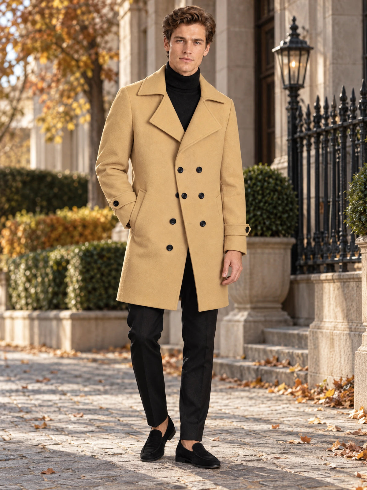 Model wearing a Khaki double-breasted woolen coat on a cobblestone street beside a stone building and autumn foliage.