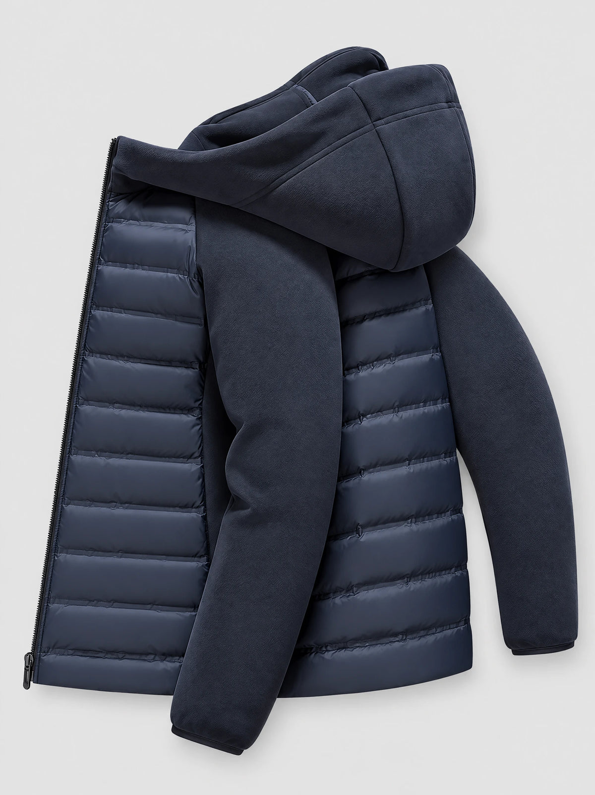 Navy men's Down Fall Jacket laid flat with an open zipper, hood, smooth long sleeves, and quilted lining.