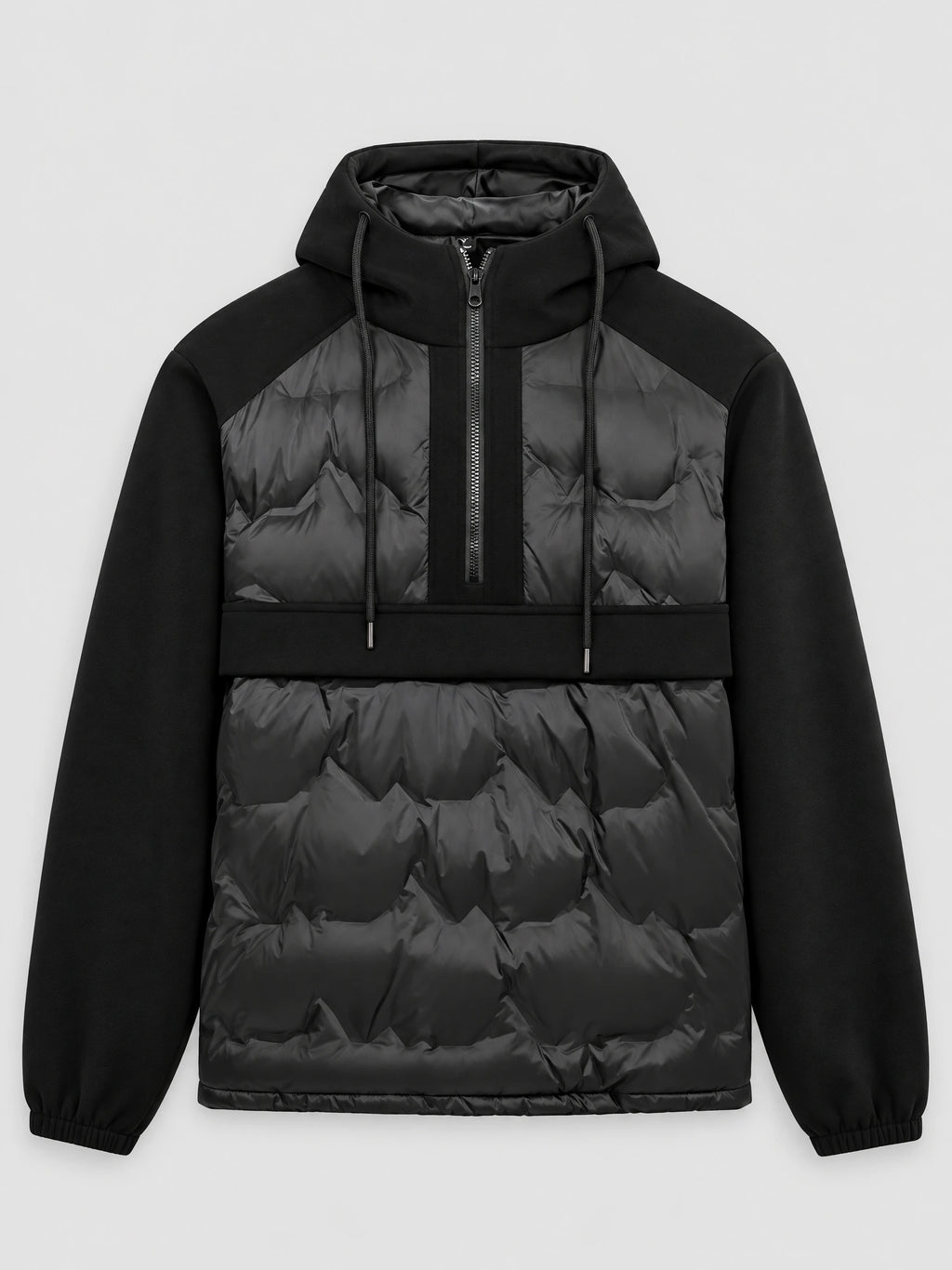 Black men's Down Jacket laid flat, featuring a hood with drawstrings, half-zip front, quilted body, and contrasting smooth sleeves.