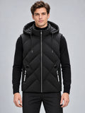 Front studio view of a model wearing a Black Down Vest with a zip-front closure, padded hood, and diagonal quilted panels.