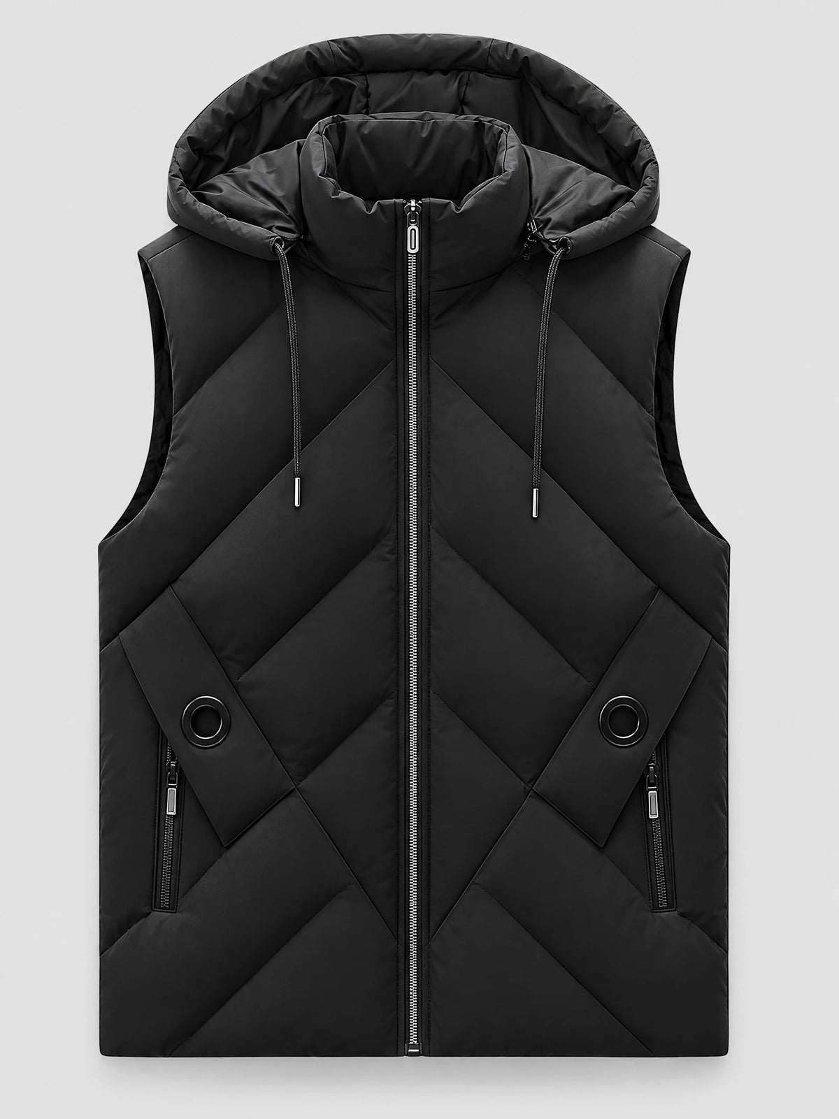 Black men’s Down Vest laid flat, showing a hood with drawstrings, front zipper, diagonal quilted panels, and zippered pockets.
