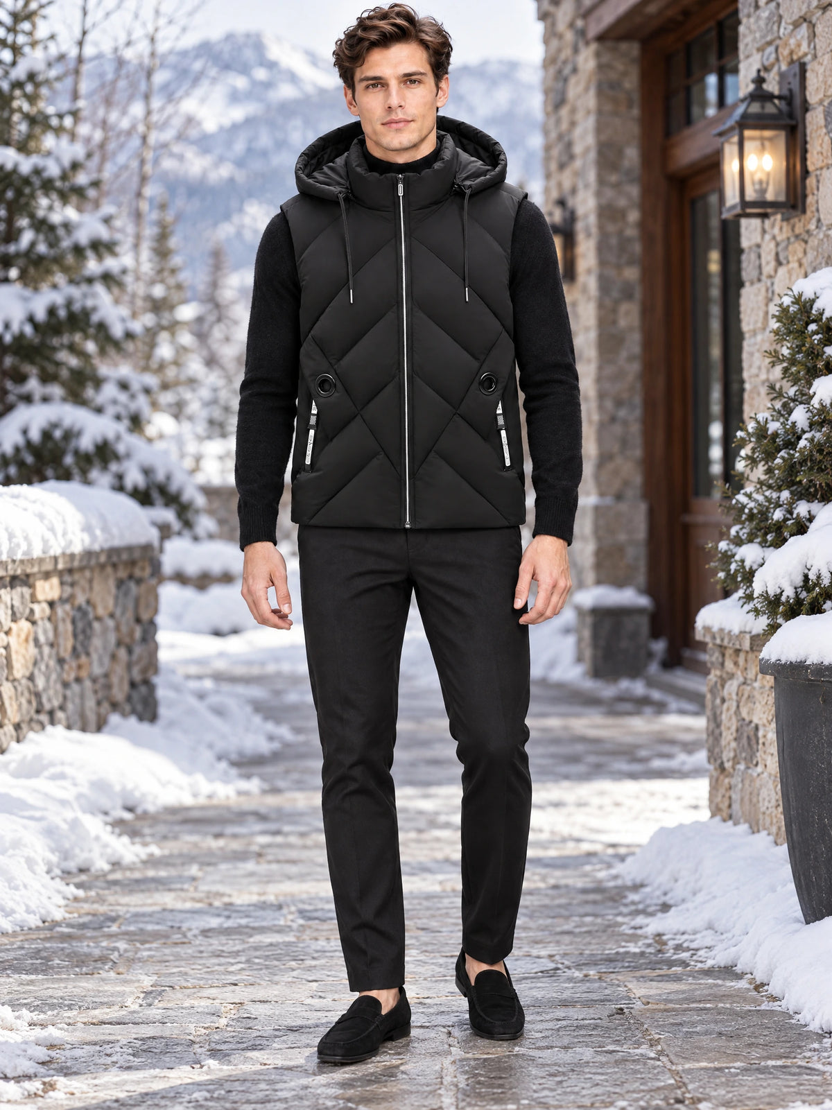 Model wearing a Black Down Vest with a zip-front hood and diagonal quilting on a snowy path outside a stone house.