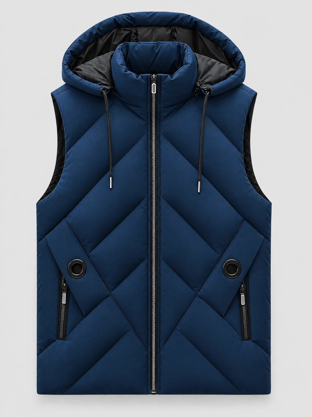 Navy down vest laid flat with a zip-front closure, detachable hood, diagonal quilting, and zippered pockets.