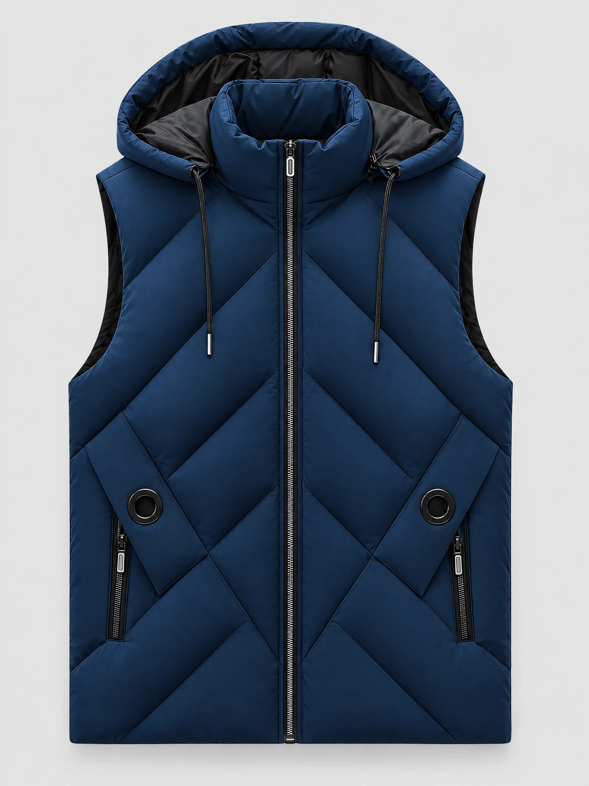 Navy down vest laid flat with a zip-front closure, detachable hood, diagonal quilting, and zippered pockets.