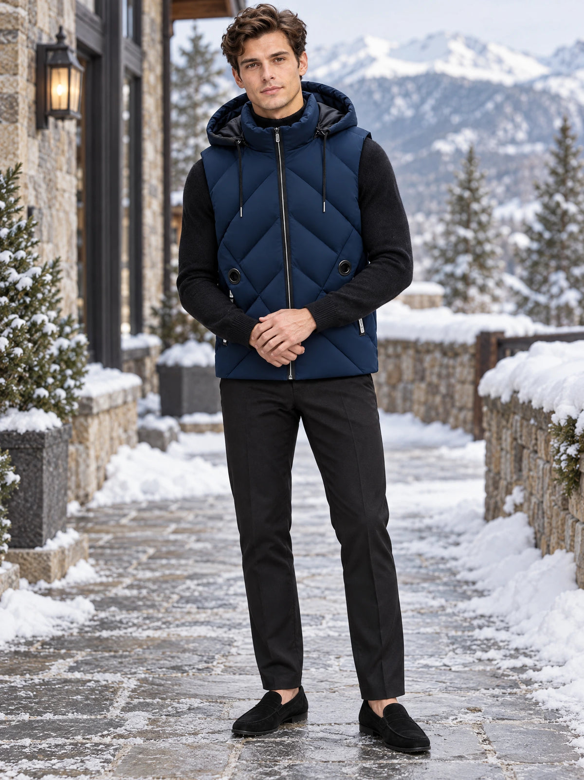 Model wearing a Navy Down Vest with a hood and diagonal quilting on a snow-covered mountain lodge path.