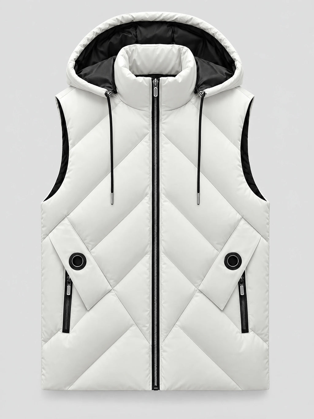 White men's Down Vest laid flat, featuring chevron quilting, a front zipper, hood with drawstrings, and zip pockets.