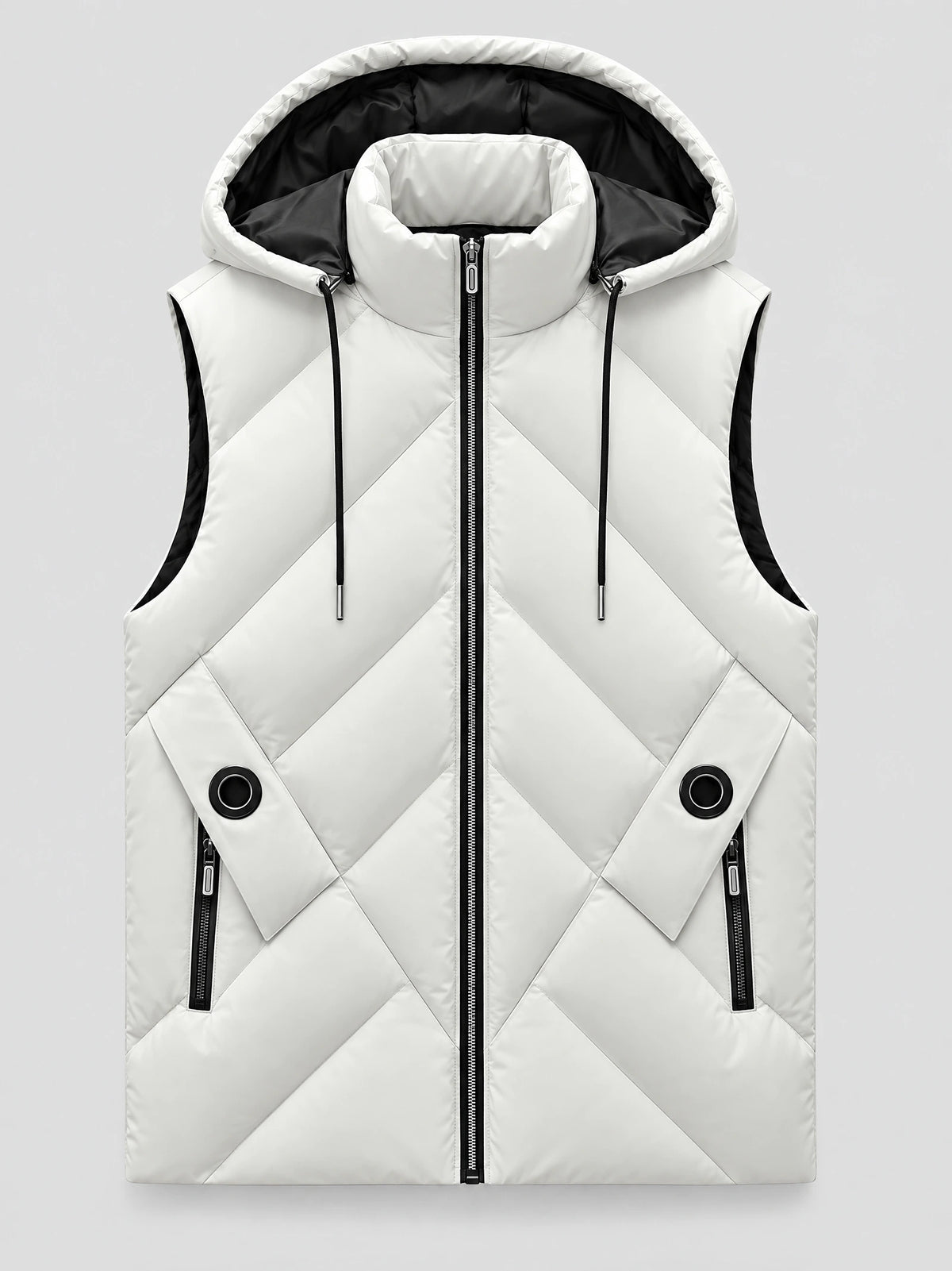 White men's Down Vest laid flat, featuring chevron quilting, a front zipper, hood with drawstrings, and zip pockets.