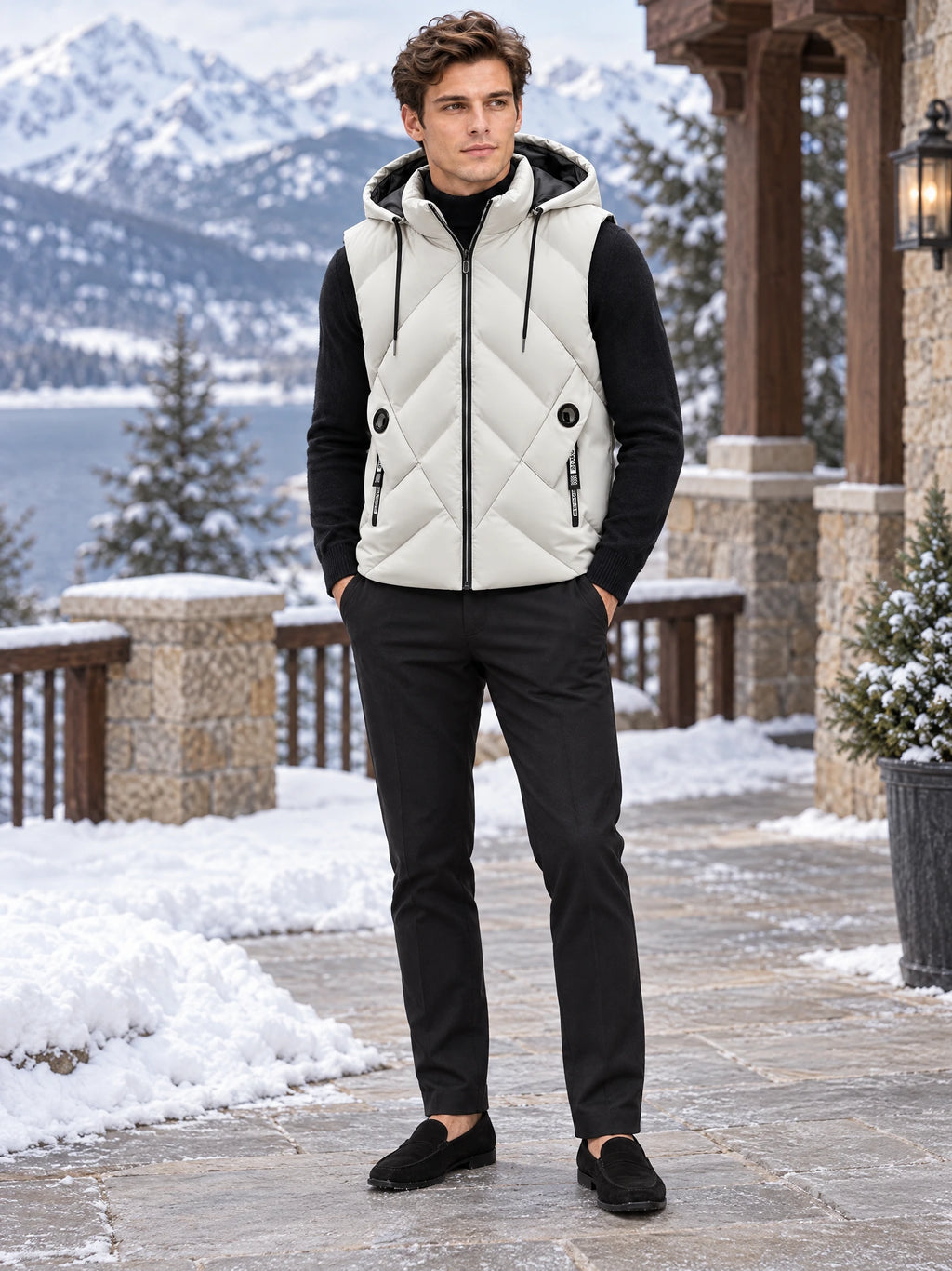 Model wearing a White Down Vest with a hood and front zipper on a snowy mountain lodge terrace.