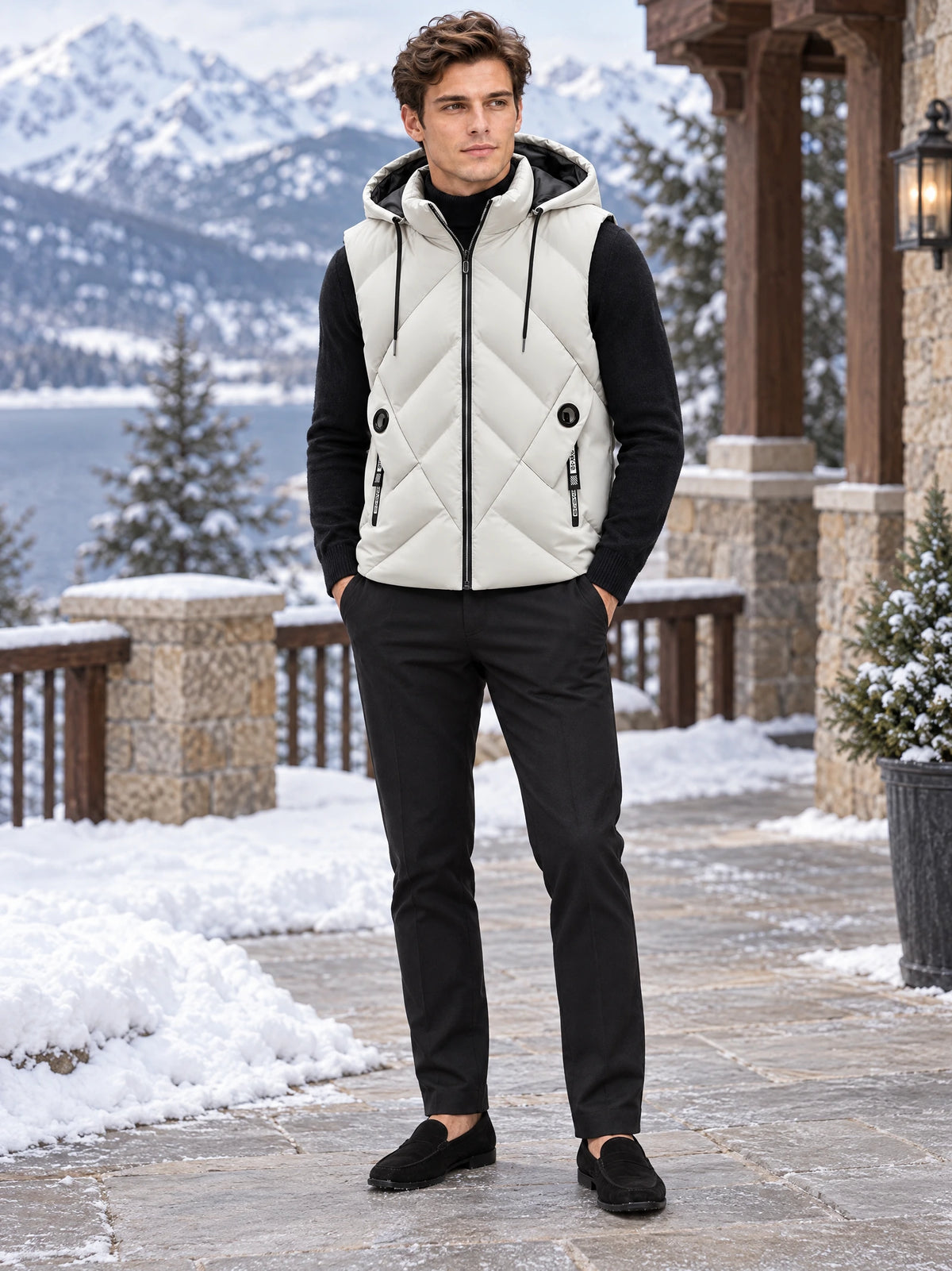 Model wearing a White Down Vest with a hood and front zipper on a snowy mountain lodge terrace.