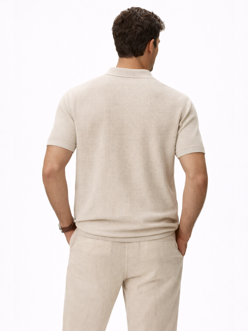 Men’s beige lightweight organic cotton mesh polo refined summer style breathable knit fabric