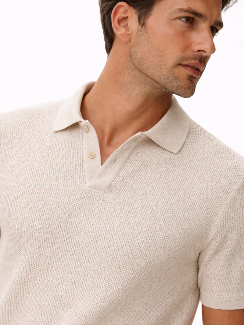 Beige luxury mesh knit polo shirt men breathable organic cotton relaxed summer fit