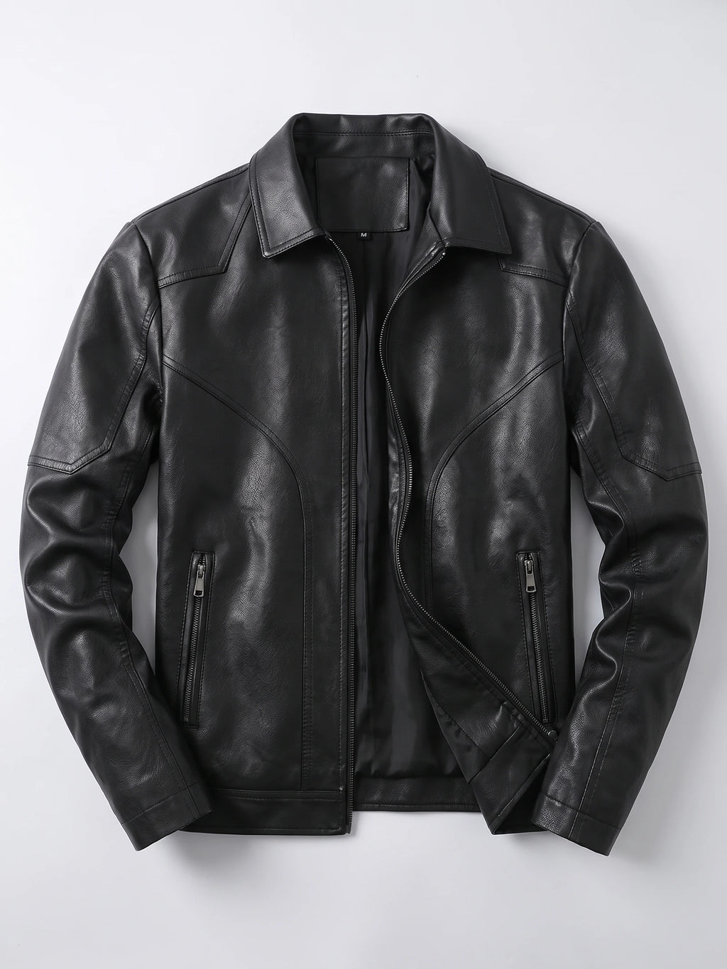 Black PU leather fall jacket laid flat, featuring an asymmetric front zipper, wide collar, and zippered pockets.