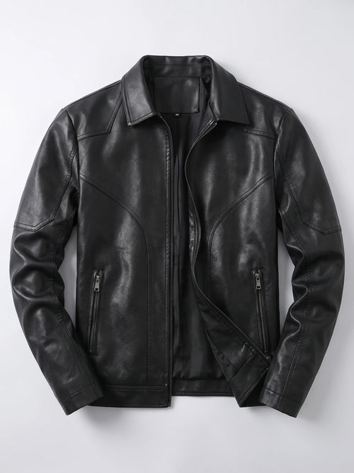 Black PU leather fall jacket laid flat, featuring an asymmetric front zipper, wide collar, and zippered pockets.
