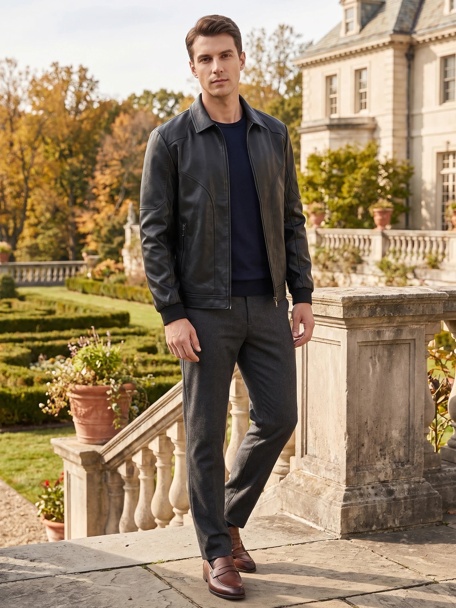 Model wearing a Black PU leather Fall Jacket with a zip front and stand collar on a stone terrace beside a landscaped garden.