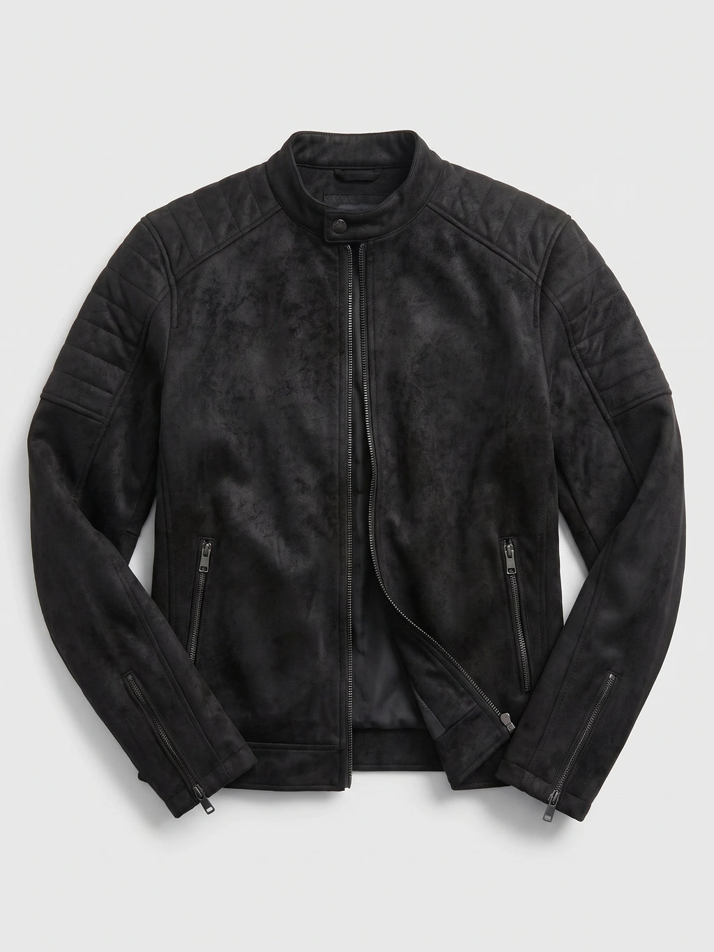 Black men's Fall Jacket laid flat, featuring a stand collar, front zipper, quilted shoulder panels, and zippered pockets and cuffs.
