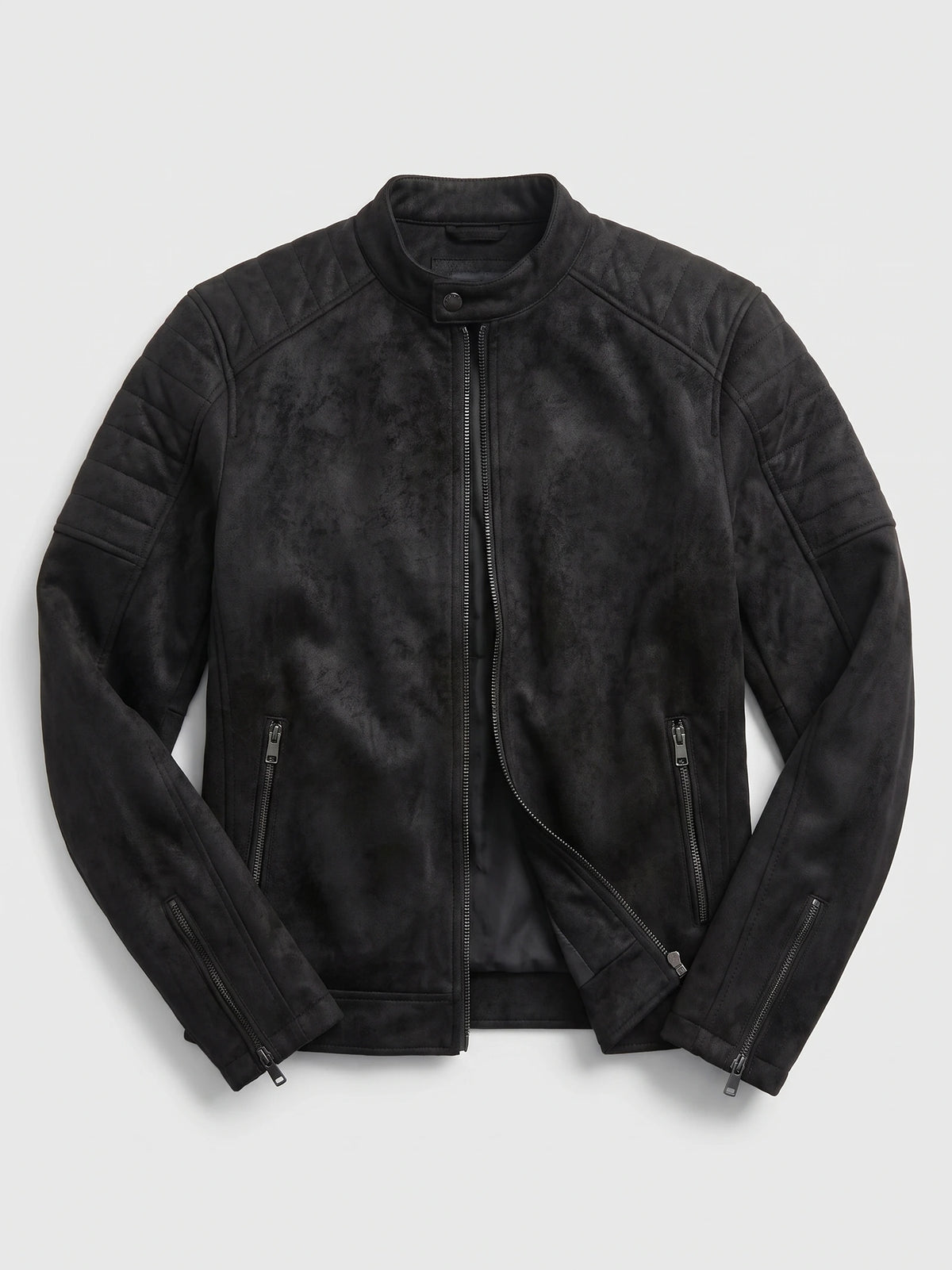 Black men's Fall Jacket laid flat, featuring a stand collar, front zipper, quilted shoulder panels, and zippered pockets and cuffs.