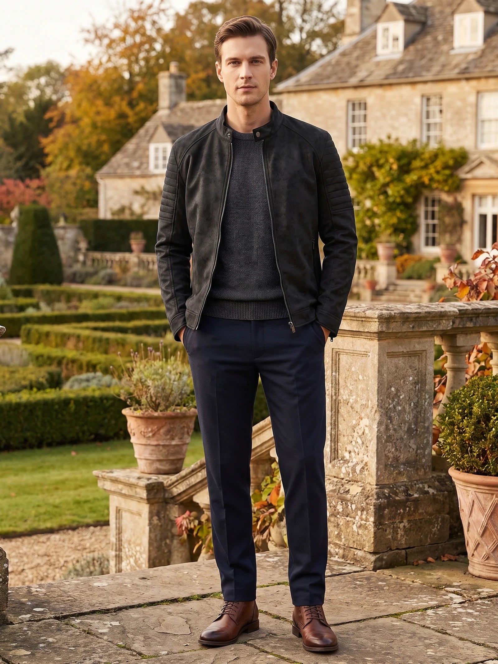 Man wearing a Black faux leather Fall Jacket with quilted sleeves in a landscaped garden outside a stone house.