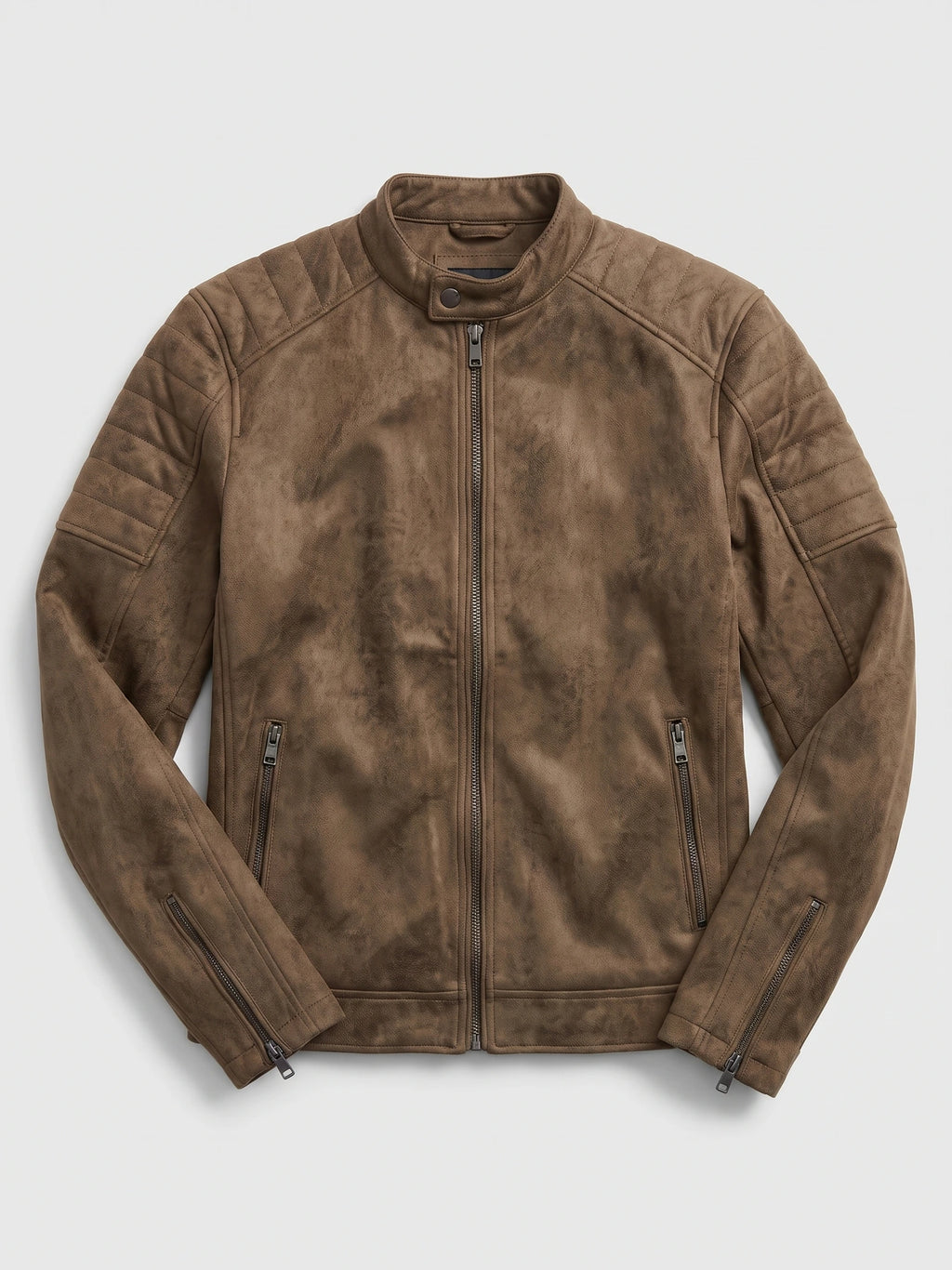 Brown faux leather Fall Jacket laid flat, featuring a stand collar, front zipper, quilted shoulder panels, and zippered pockets and cuffs.