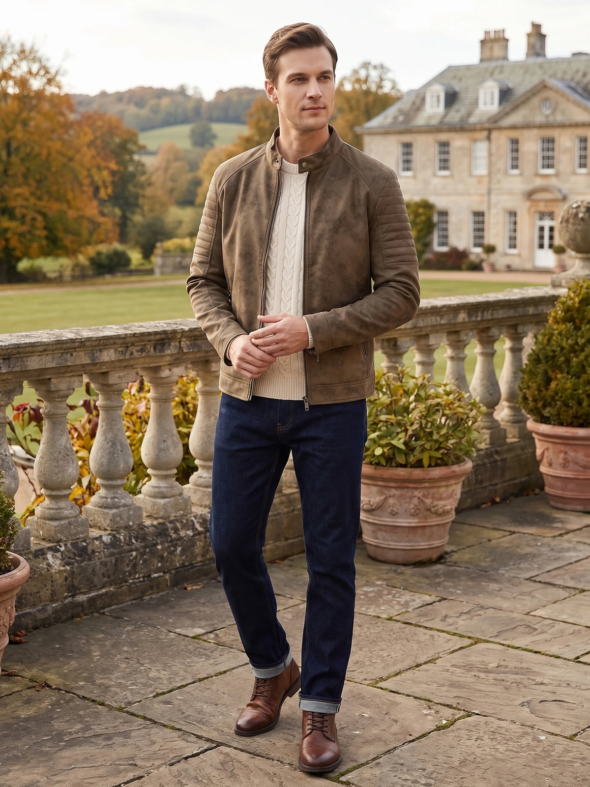 Man wearing a Brown faux leather Fall Jacket with quilted sleeves on a stone terrace overlooking an autumn garden.