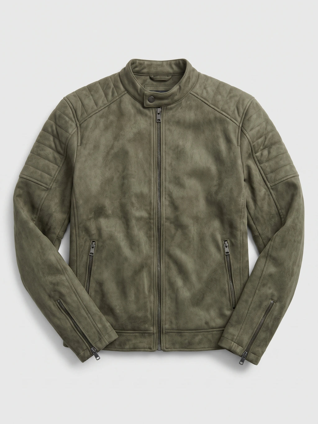 Green faux leather Fall Jacket laid flat, featuring a stand collar, front zipper, quilted shoulders, and zippered pockets and cuffs.