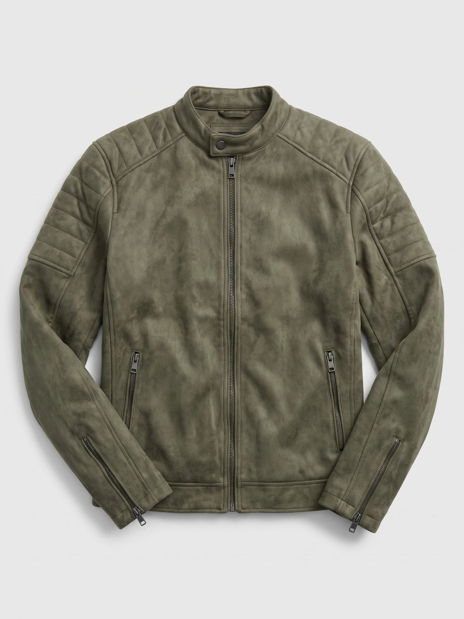 Green faux leather Fall Jacket laid flat, featuring a stand collar, front zipper, quilted shoulders, and zippered pockets and cuffs.