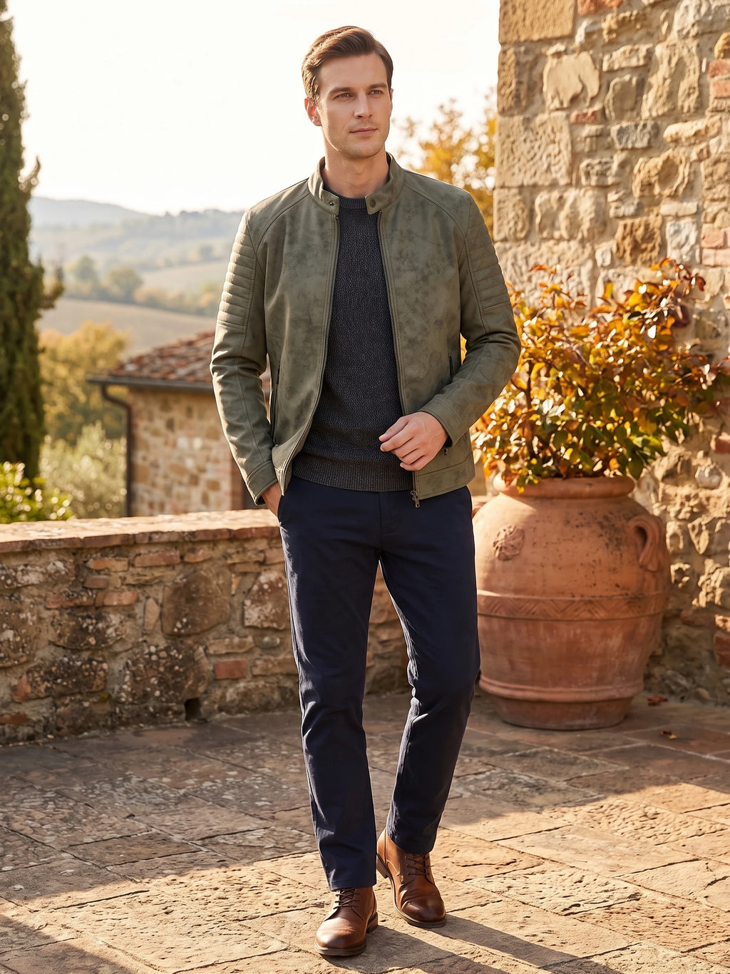 Man wearing a Green faux leather Fall Jacket with quilted sleeves in a sunlit stone courtyard.