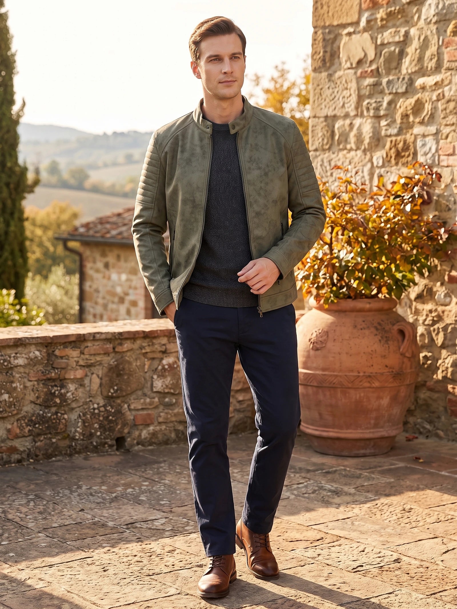 Man wearing a Green faux leather Fall Jacket with quilted sleeves in a sunlit stone courtyard.