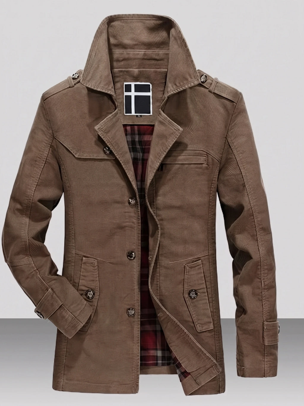 Brown cotton Fall Trench Coat laid flat, showing the open collar, button front, flap pockets, shoulder tabs, and plaid lining.