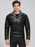 Front studio view of a model wearing a Black leather aviator jacket with a plush-lined collar, quilted sleeves, and zippered pockets.