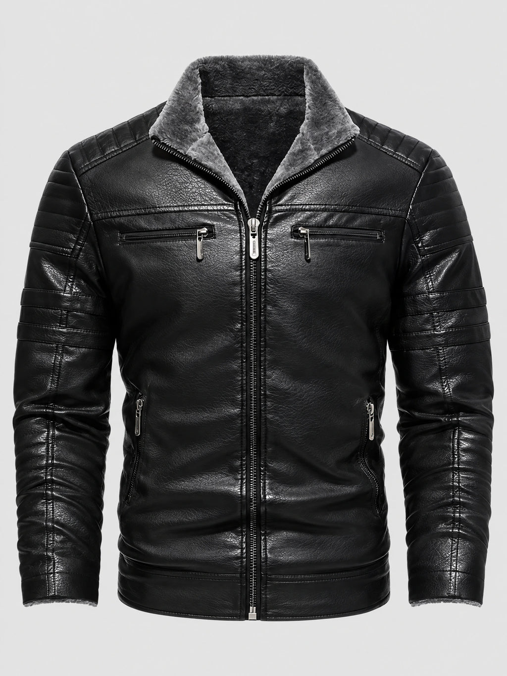 Black leather aviator jacket laid flat, featuring a plush-lined collar, front zip closure, zip pockets, and quilted sleeves.