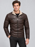 Front studio view of a model wearing a Brown leather aviator jacket with fleece-lined collar, quilted sleeves, and zippered pockets.
