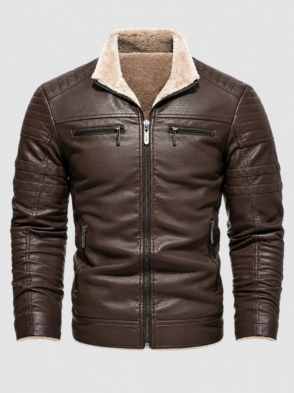 Brown leather aviator jacket laid flat, showing a fleece-lined collar, front zipper, zippered chest and side pockets, and quilted sleeves.