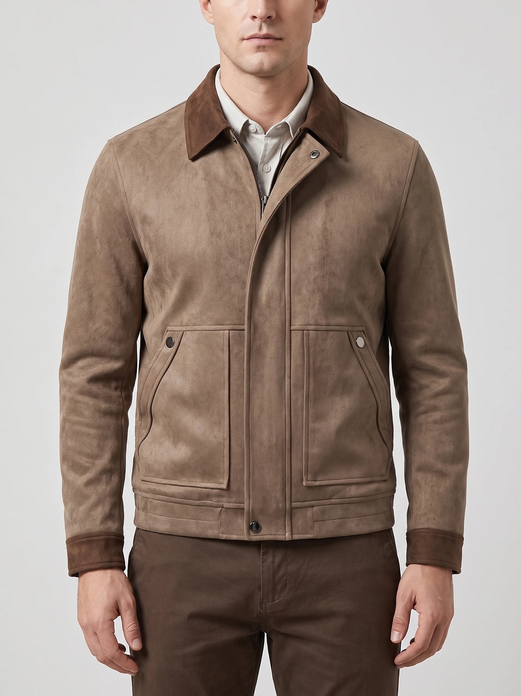 Front studio view of a model wearing a Brown faux Suede Jacket with a zip front, lapel collar, and flap pockets.
