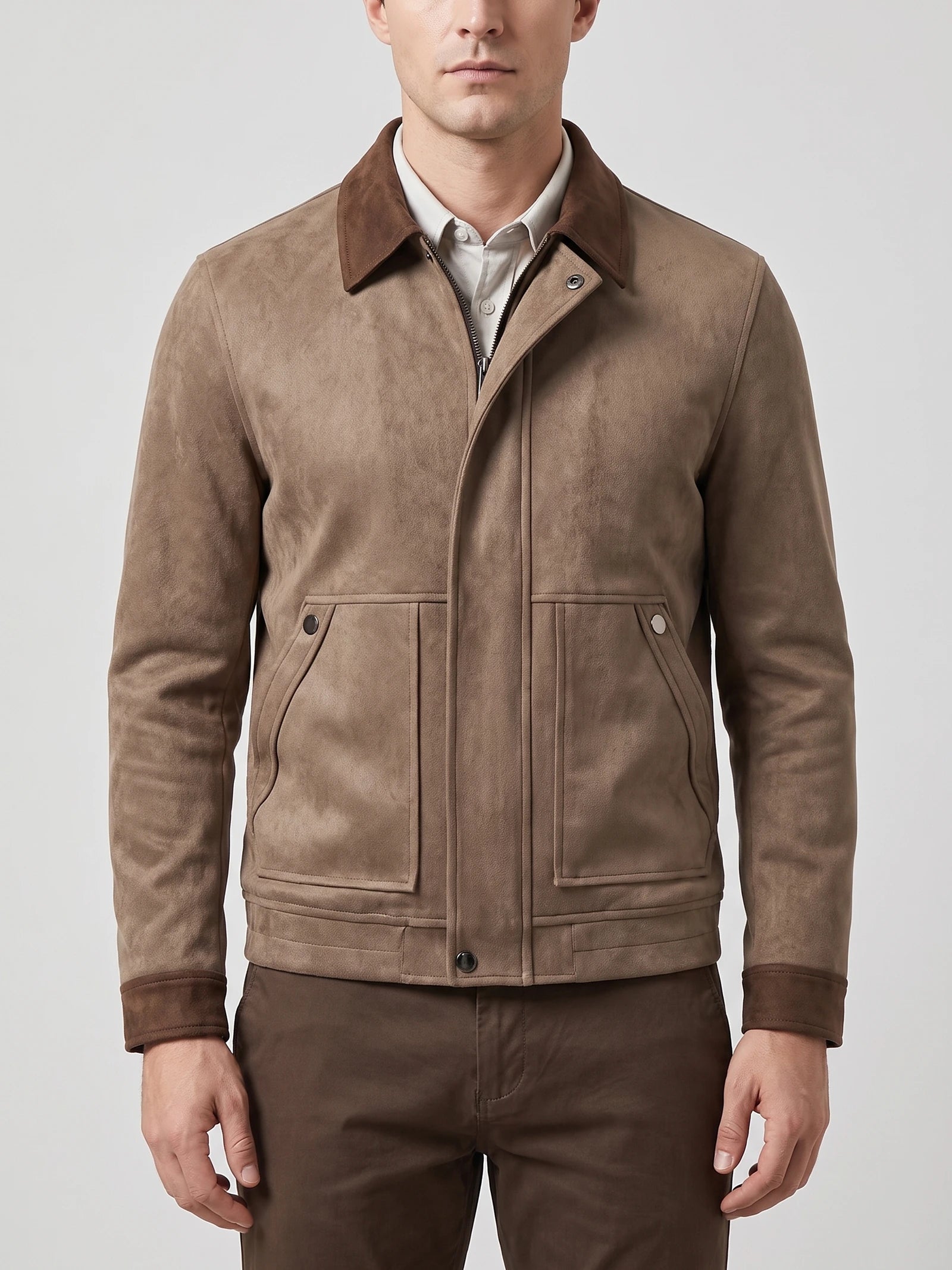 Front studio view of a model wearing a Brown faux Suede Jacket with a zip front, lapel collar, and flap pockets.