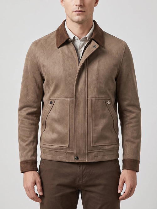 Front studio view of a model wearing a Brown faux Suede Jacket with a zip front, lapel collar, and flap pockets.