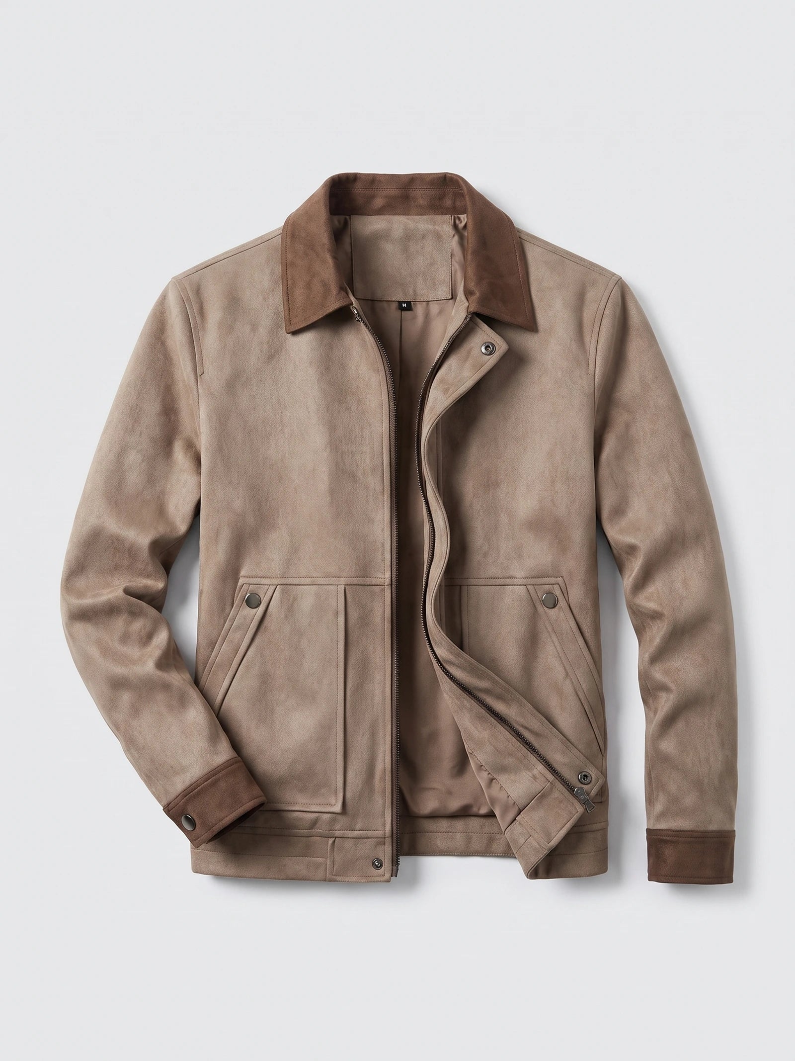 Brown faux Suede Jacket laid flat with a zip front, lapel collar, snap-flap pockets, and cuff tabs.