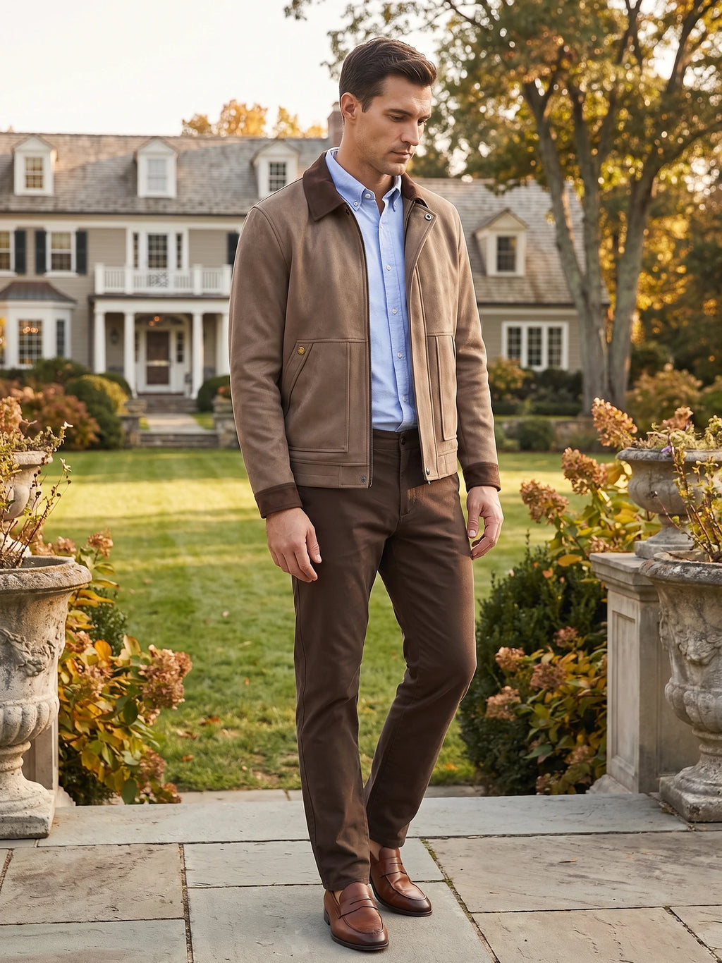 Man wearing a Brown faux Suede Jacket with a zip front and lapel collar while walking through a landscaped garden.
