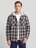 Model wearing a Black plaid flannel jacket with a hood, button front, and chest pockets in a front studio view.
