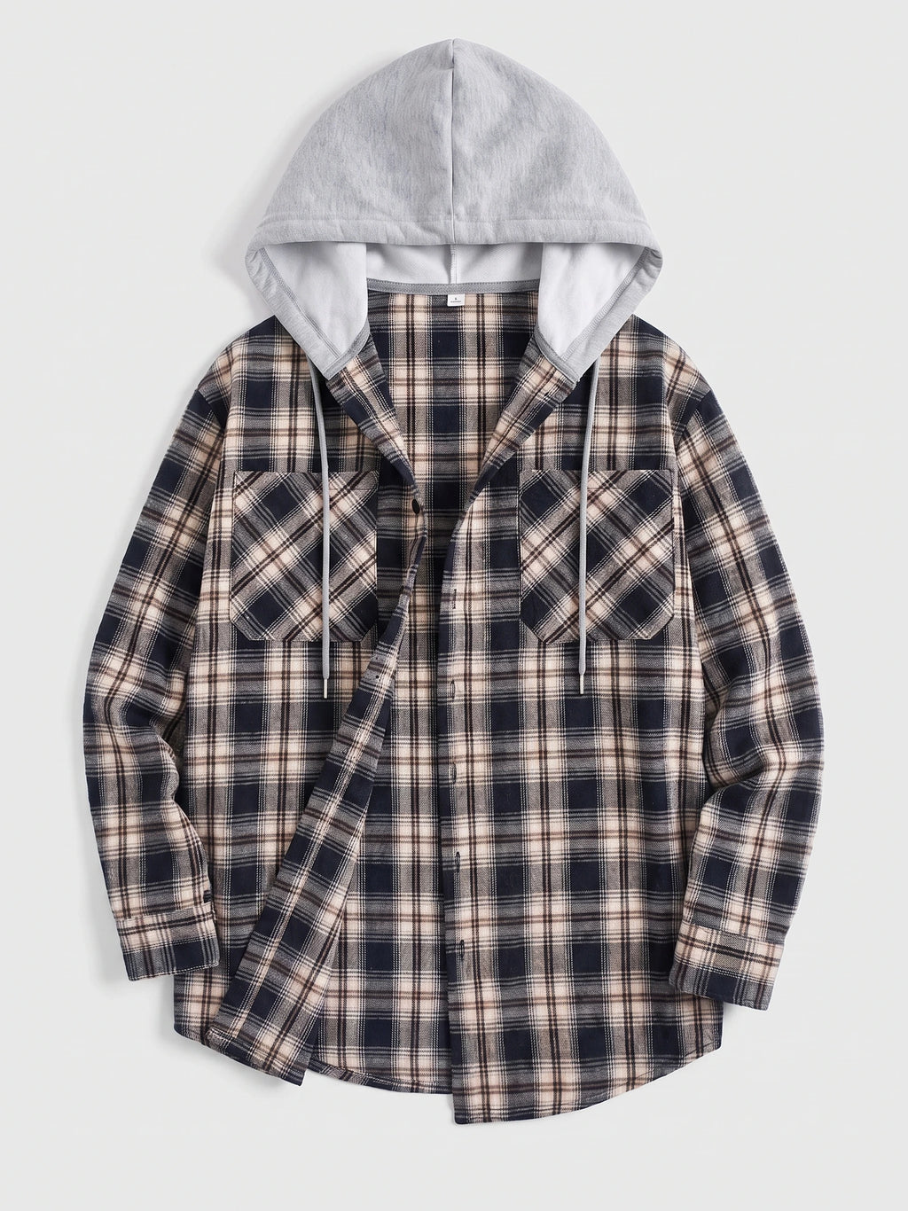 Black men's flannel jacket laid flat, showing a hood with drawstrings, button-front plaid design, and two chest flap pockets.